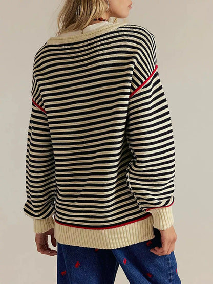 Striped Knit Round Neck Sweater-Nordavory