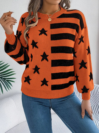 Stars and Stripes Pattern Casual Round Neck Sweater-Nordavory