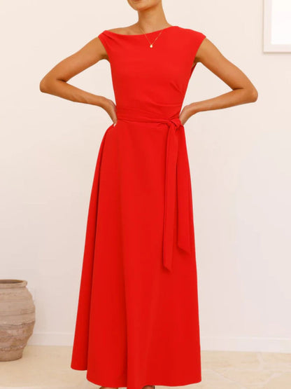 Single Shoulder Tie Waist Maxi Dress-Nordavory