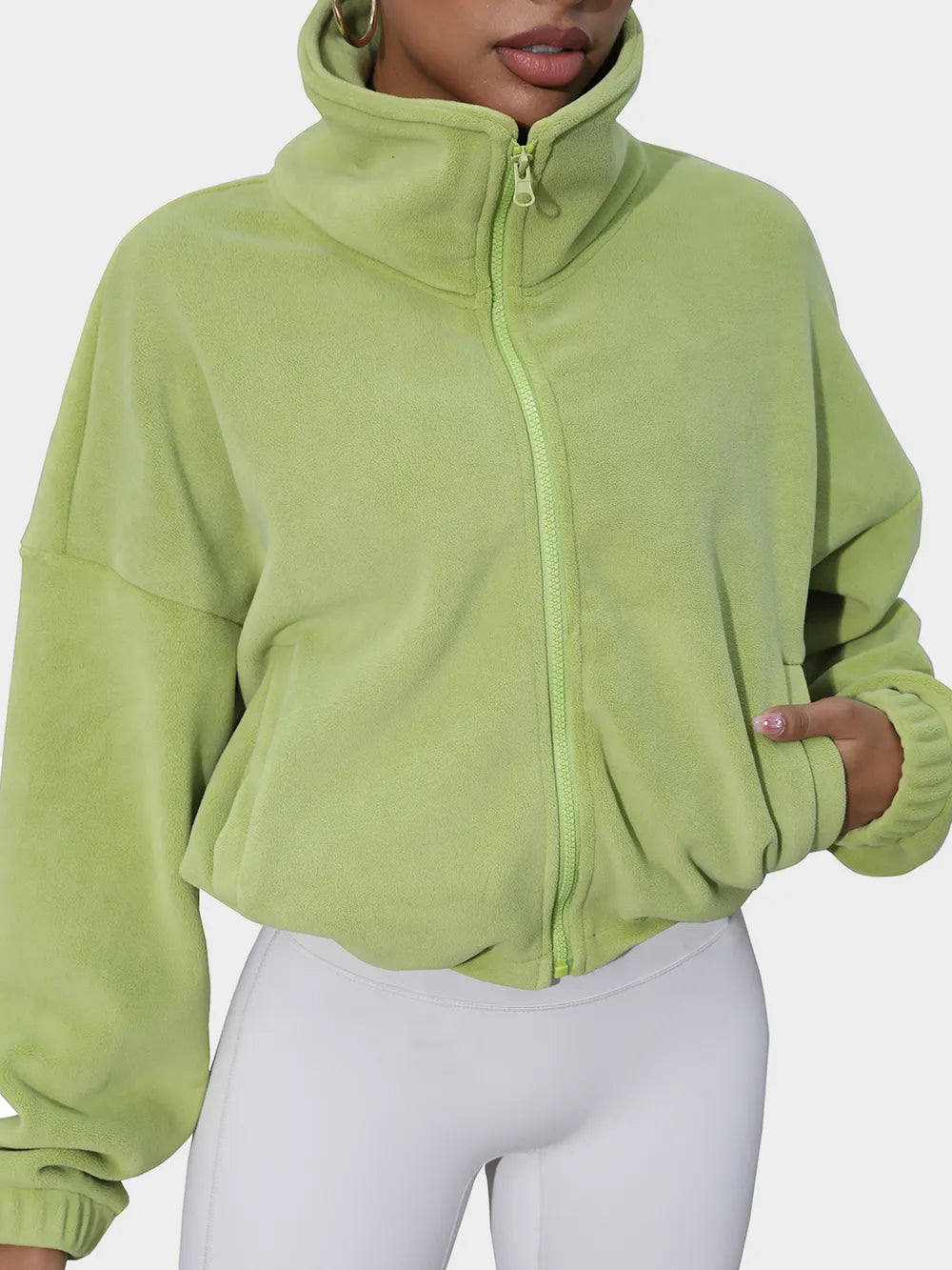 Drawstring Turtleneck Zip Up Long Sleeve Jacket-Nordavory