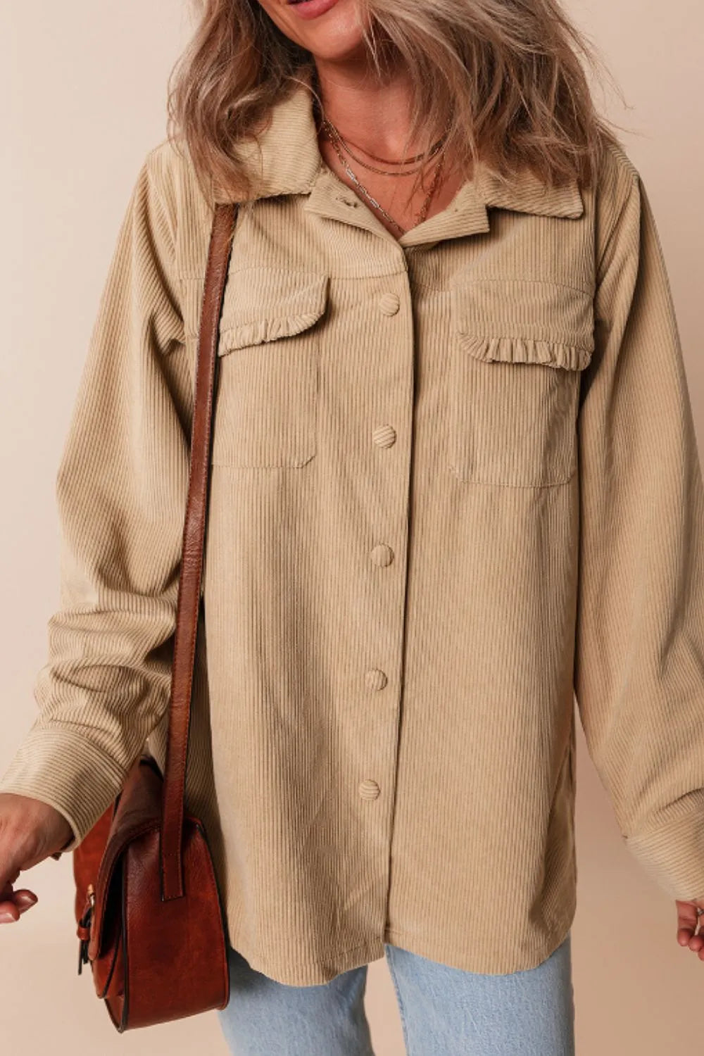 Frill Button Up Long Sleeve Shacket-Nordavory