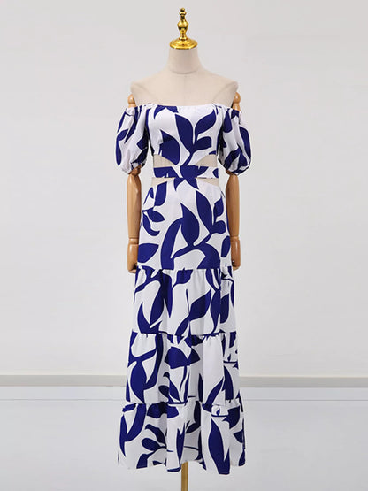 Off-Shoulder Cutout Leaf Print Maxi Dress-Nordavory