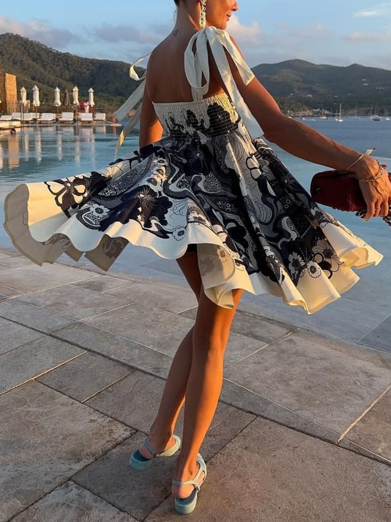 Printed Tie Shoulder Mini Dress-Nordavory