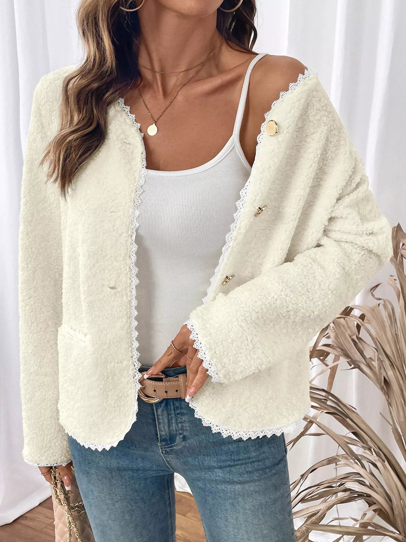 Lace Detail Button Up Long Sleeve Outerwear-Nordavory