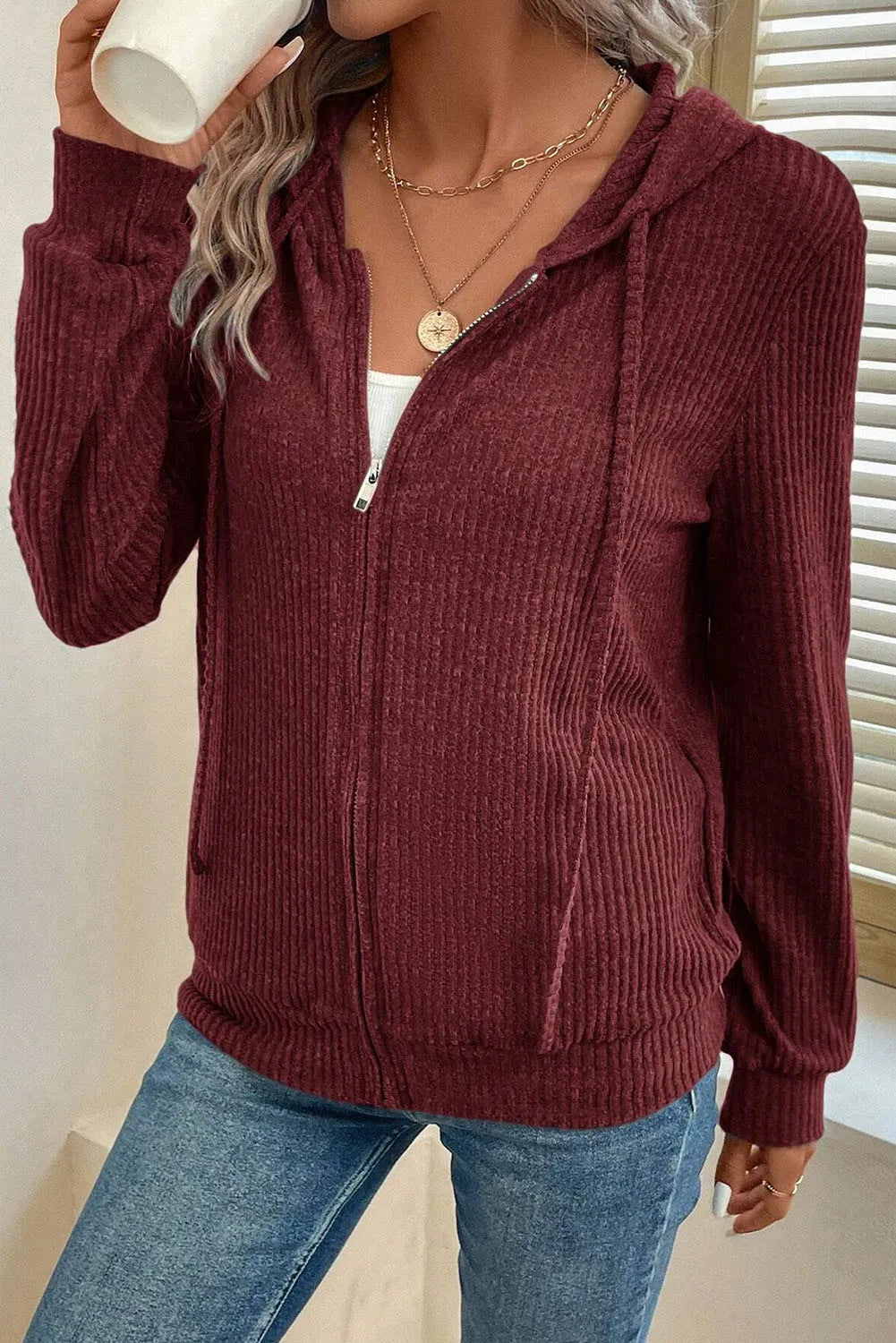 Drawstring Zip Up Long Sleeve Hooded Jacket-Nordavory