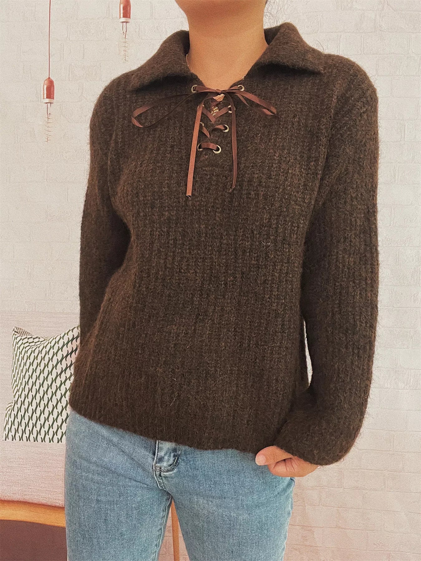 Lace Up Long Sleeve Sweater-Nordavory