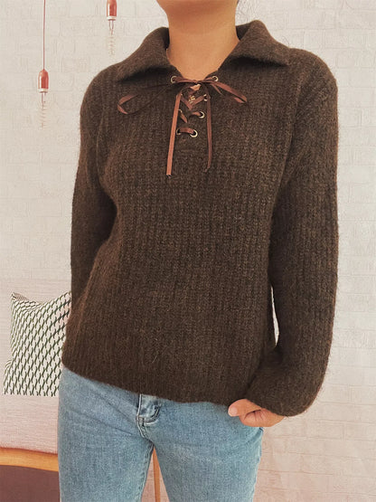 Lace Up Long Sleeve Sweater-Nordavory
