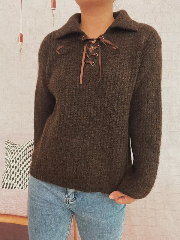 Lace Up Long Sleeve Sweater-Nordavory