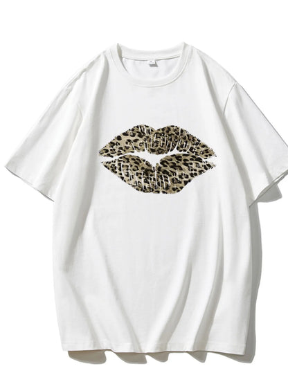 Leopard Lips Round Neck Oversized T-Shirt-Nordavory