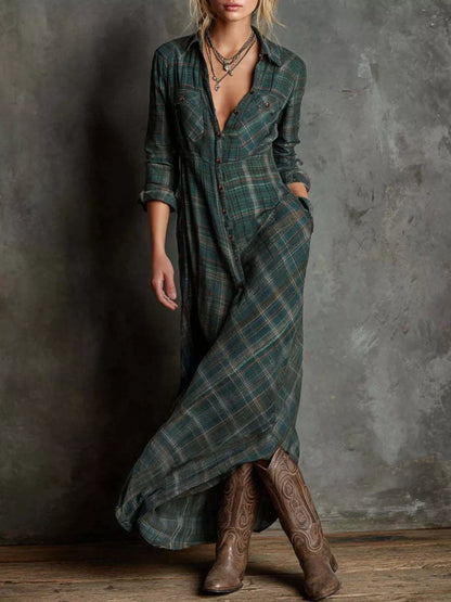 Plaid Button Front Maxi Shirt Dress-Nordavory