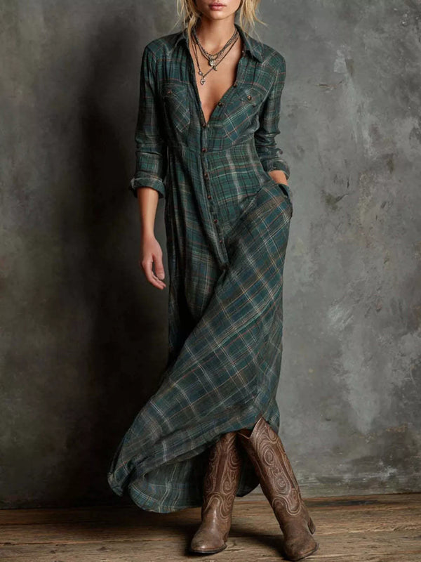 Plaid Button Front Maxi Shirt Dress-Nordavory