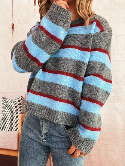 Striped Round Neck Long Sleeve Sweater-Nordavory