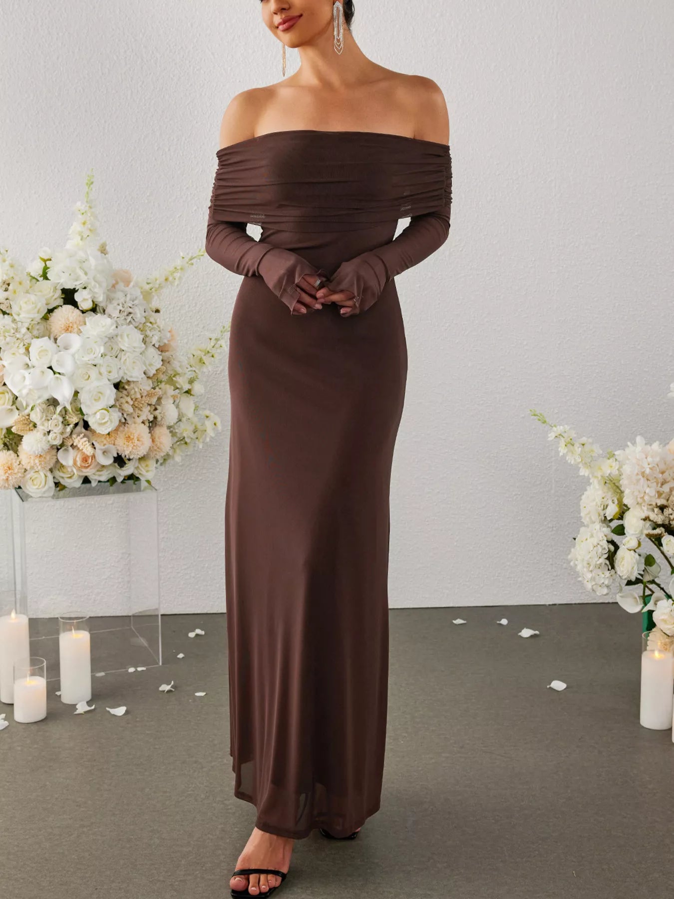 Off-Shoulder Ruched Long Sleeve Maxi Dress-Nordavory