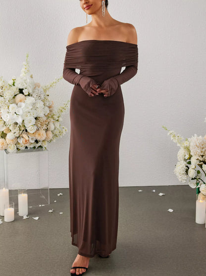 Off-Shoulder Ruched Long Sleeve Maxi Dress-Nordavory