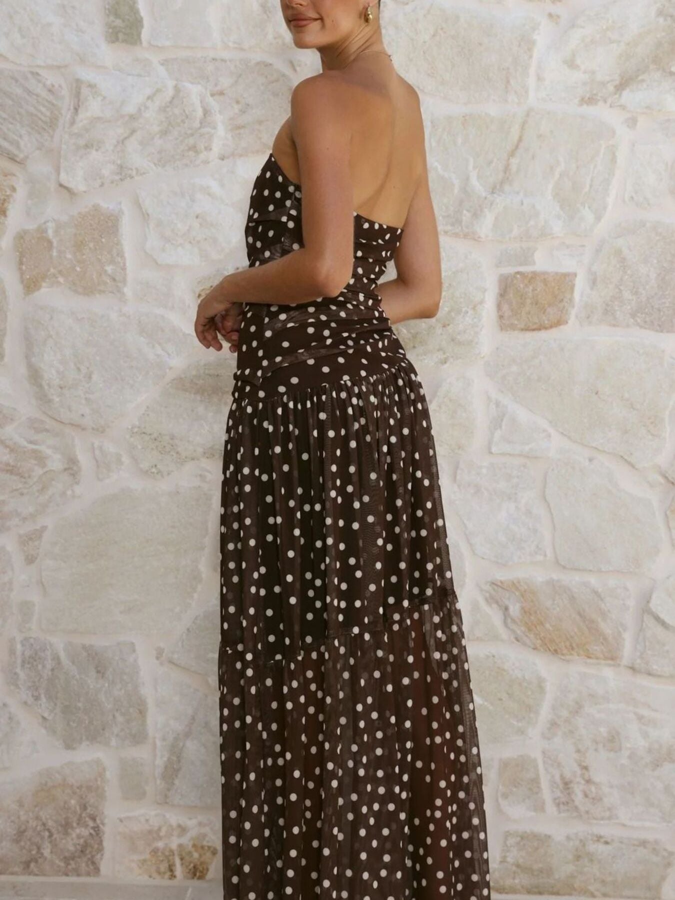 Polka Dot Strapless Ruched Maxi Dress-Nordavory