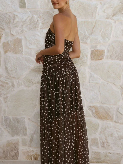 Polka Dot Strapless Ruched Maxi Dress-Nordavory