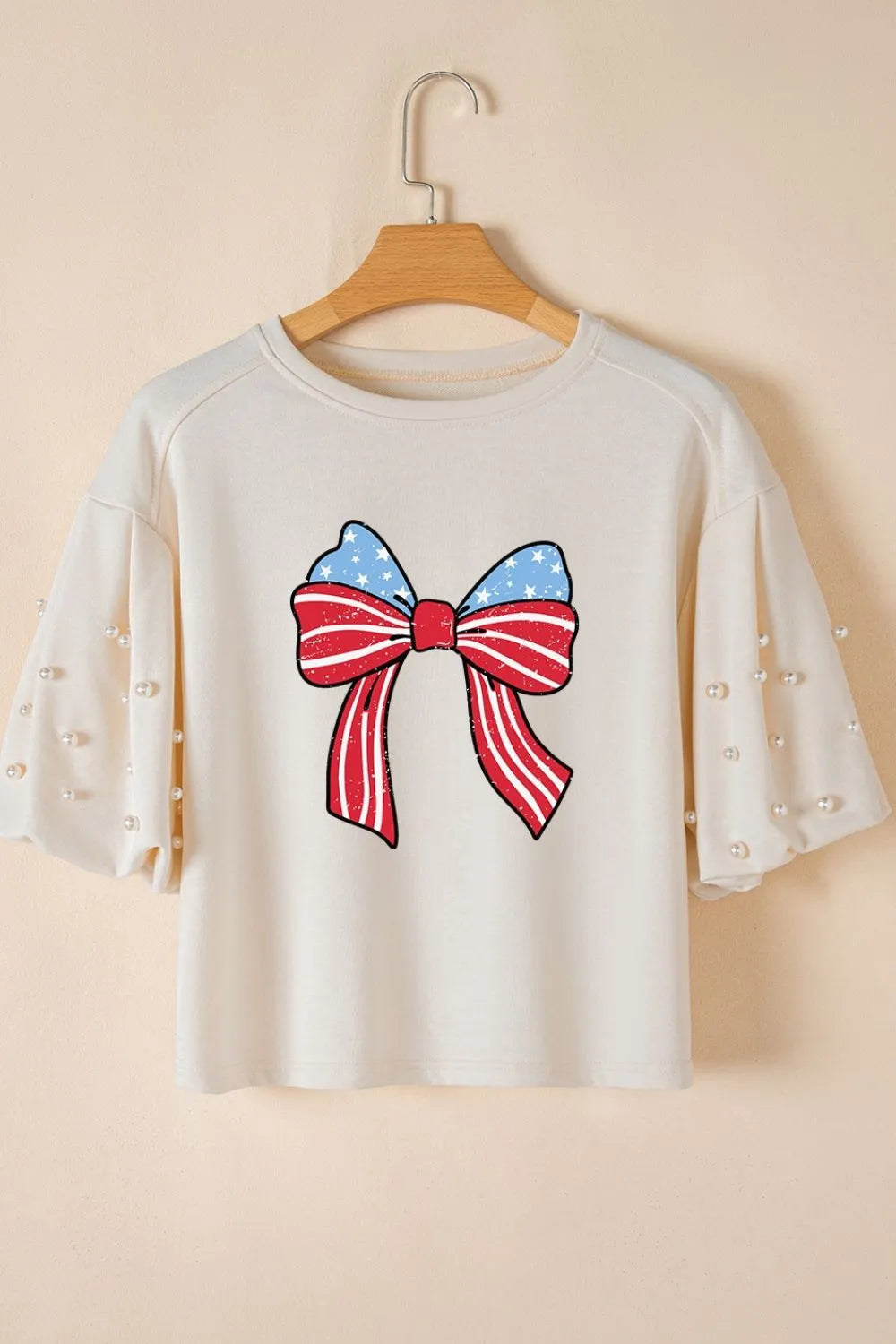Bowknot Graphic Pearl Puff Half Sleeve T Shirt-Nordavory