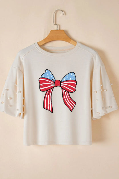 Bowknot Graphic Pearl Puff Half Sleeve T Shirt-Nordavory