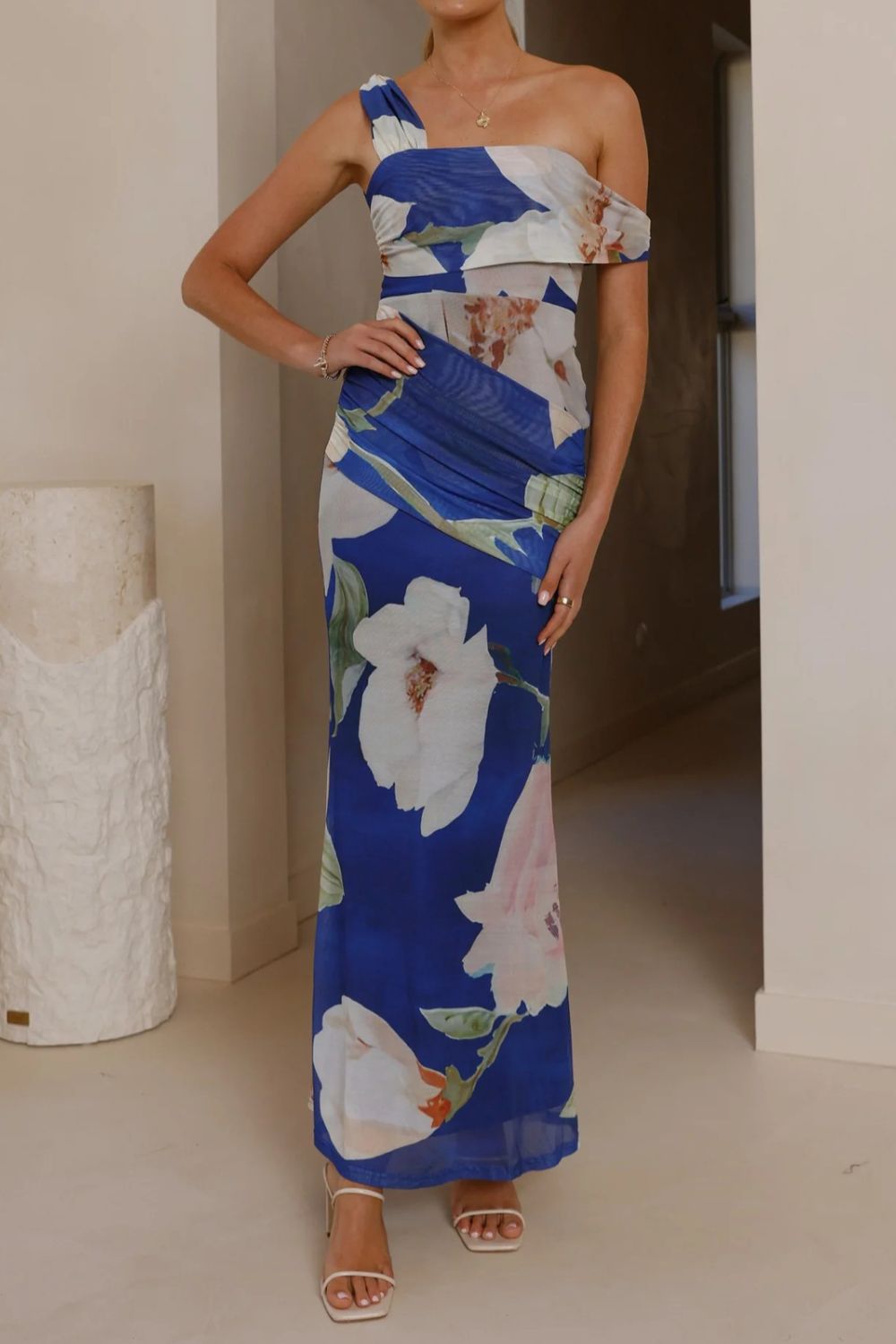 Floral Print One-Shoulder Ruched Maxi Dress-Nordavory
