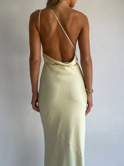 Halter Neck Satin Maxi Dress-Nordavory