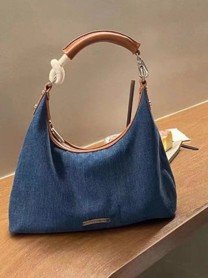 Denim Shoulder Bag with Leather Handle-Nordavory