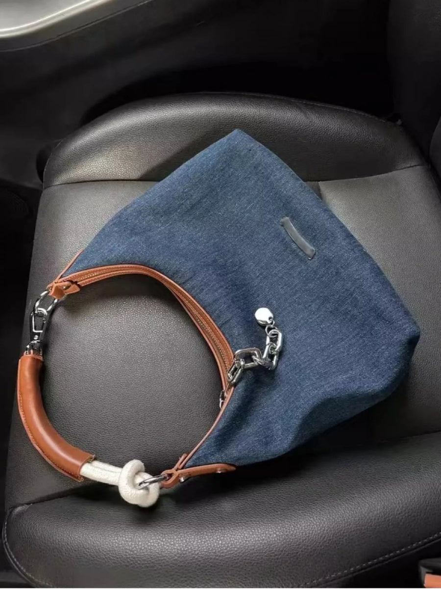 Denim Shoulder Bag with Leather Handle-Nordavory