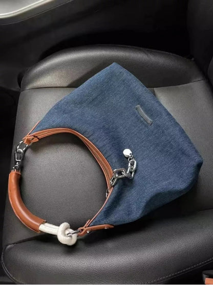 Denim Shoulder Bag with Leather Handle-Nordavory