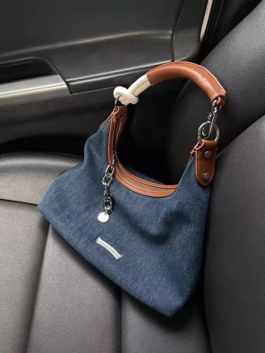 Denim Shoulder Bag with Leather Handle-Nordavory