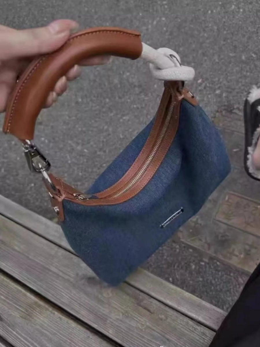 Denim Shoulder Bag with Leather Handle-Nordavory