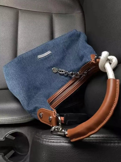 Denim Shoulder Bag with Leather Handle-Nordavory