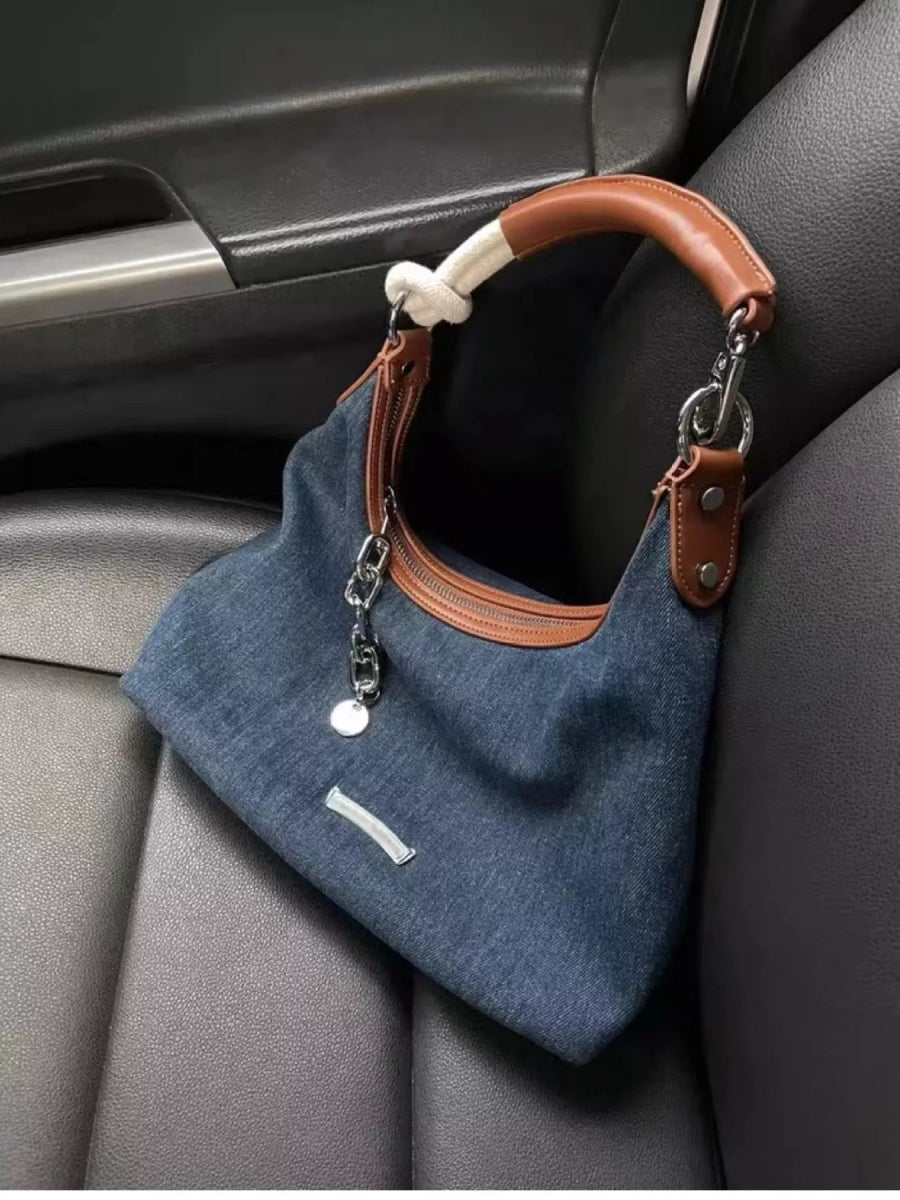 Denim Shoulder Bag with Leather Handle-Nordavory