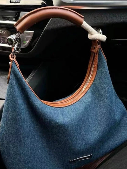 Denim Shoulder Bag with Leather Handle-Nordavory