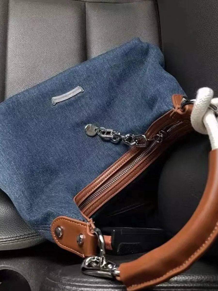 Denim Shoulder Bag with Leather Handle-Nordavory