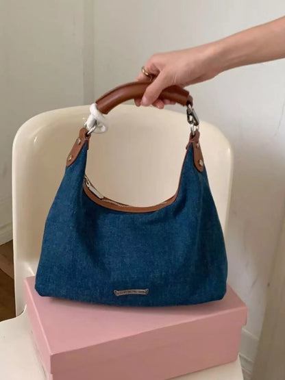 Denim Shoulder Bag with Leather Handle-Nordavory