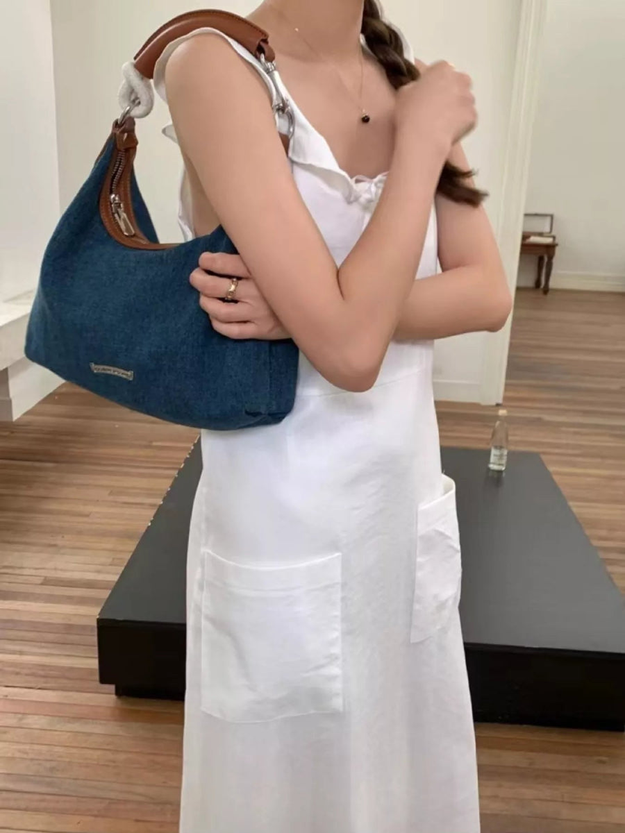 Denim Shoulder Bag with Leather Handle-Nordavory