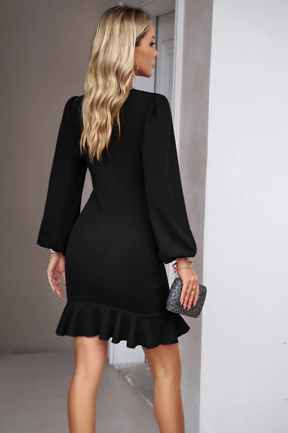 Devine Ruched Ruffled Balloon Sleeve Mini Dress-Nordavory