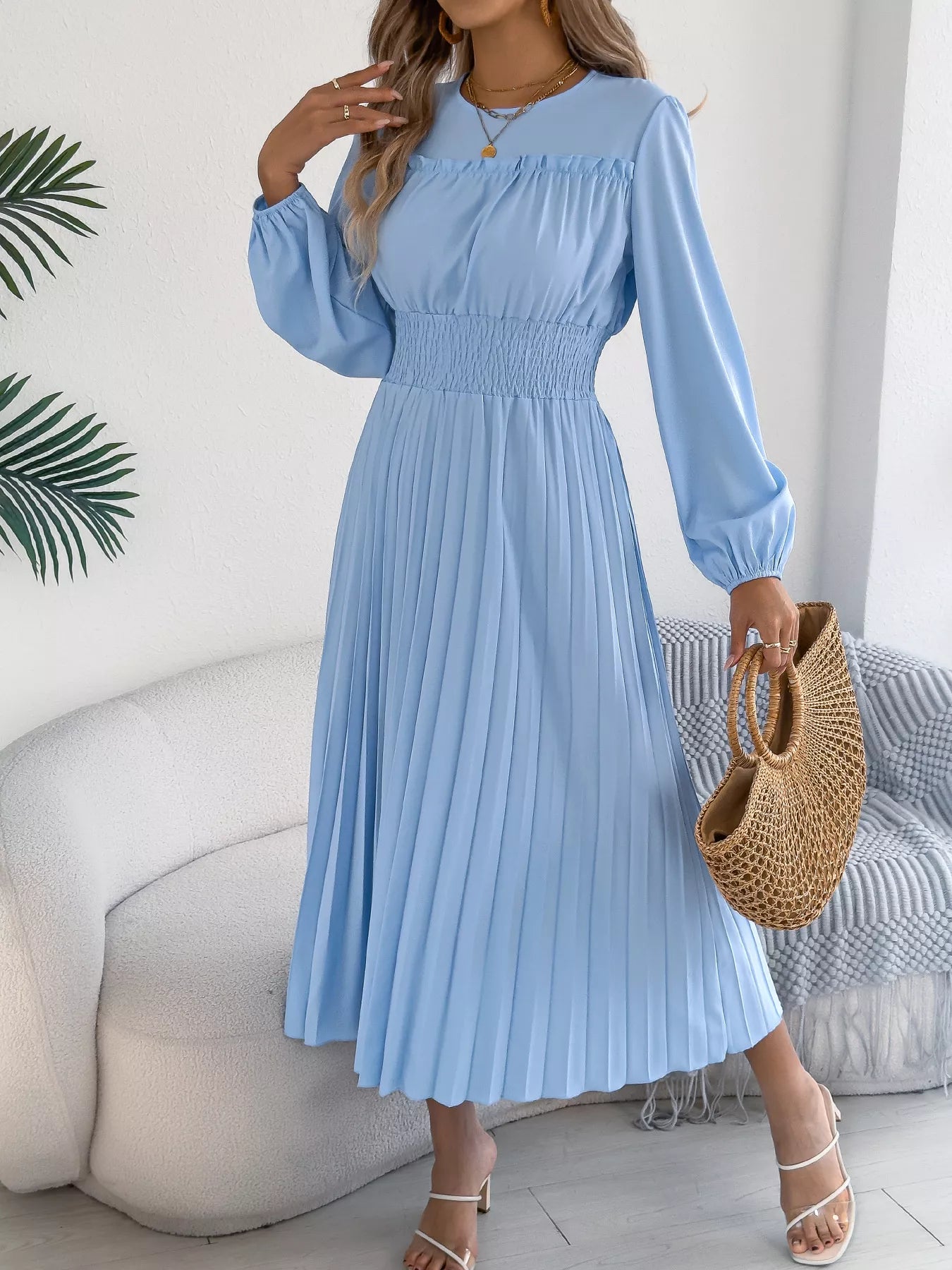 Smocked Pleated Long Sleeve Midi Dress-Nordavory