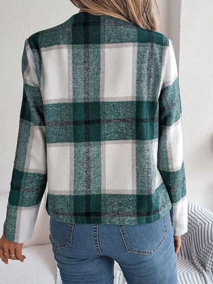 Plaid Open Front Long Sleeve Jacket-Nordavory