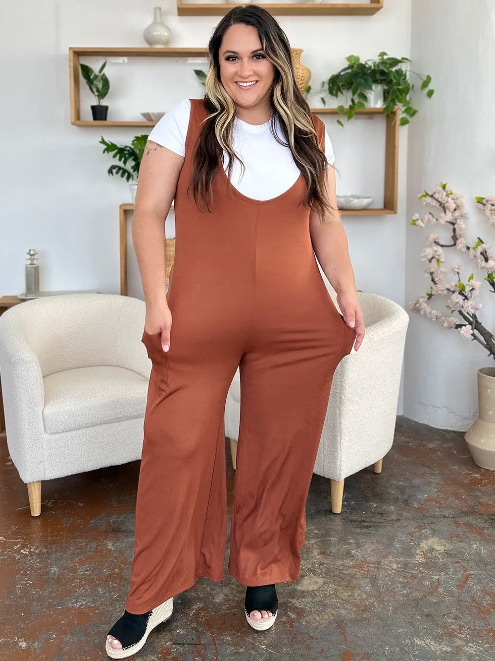 Double Take Full Size Sleeveless Wide Leg Jumpsuit with Pockets-Nordavory