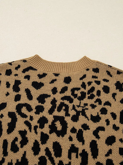 Ribbed Trim Round Neck Leopard Drop Shoulder Sweater-Nordavory