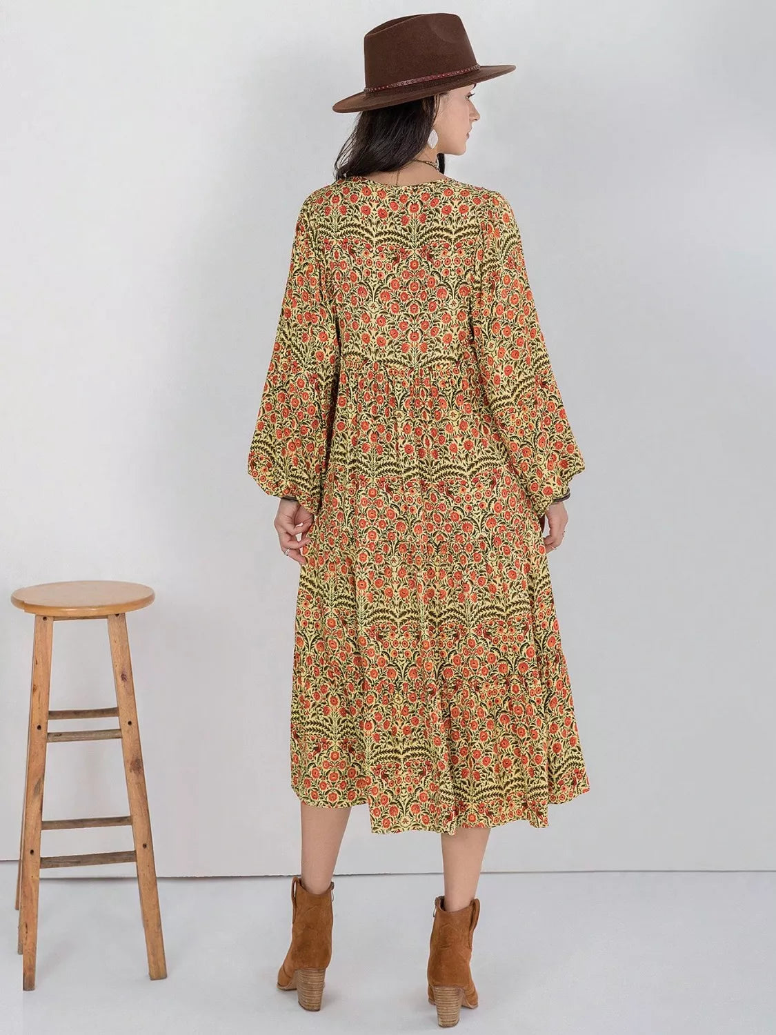 Floral Tiered Midi Dress with Balloon Sleeves-Nordavory