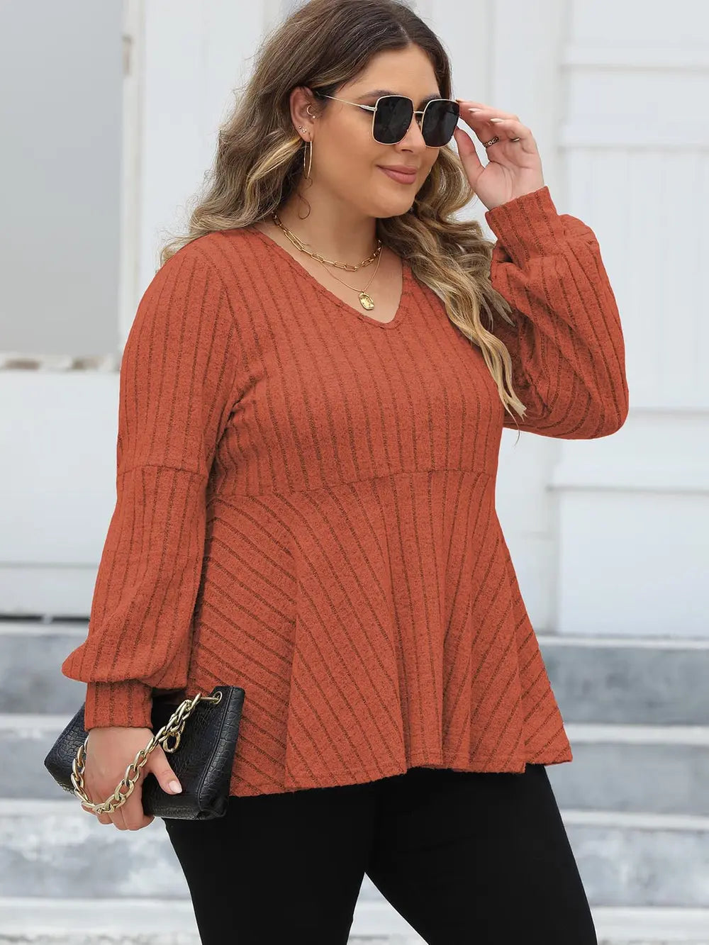 Plus Size Ribbed V-Neck Long Sleeve Blouse-Nordavory