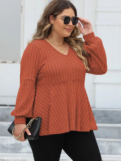 Plus Size Ribbed V-Neck Long Sleeve Blouse-Nordavory