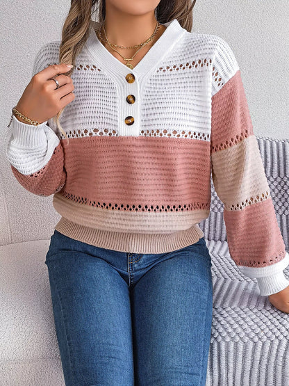 Color Block Striped V-Neck Button Detail Sweater-Nordavory