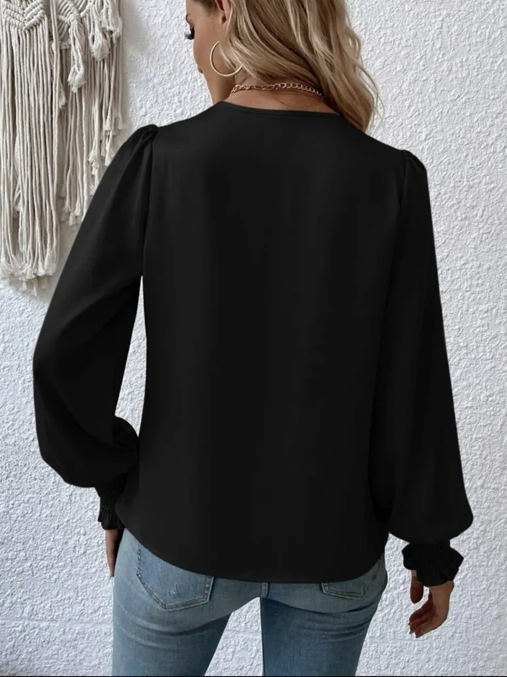 Surplice Smocked Lantern Sleeve Blouse-Nordavory