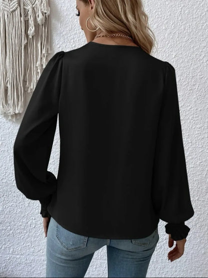 Surplice Smocked Lantern Sleeve Blouse-Nordavory