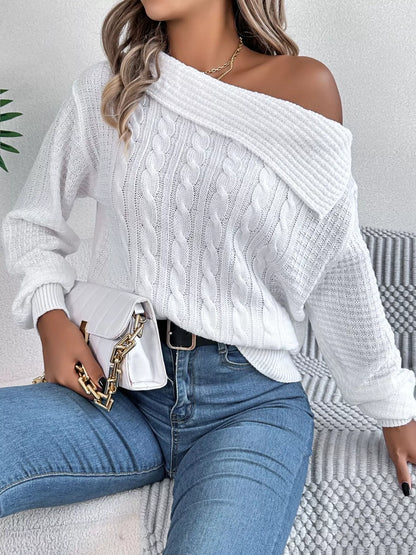 Off-Shoulder Cable Knit Sweater-Nordavory