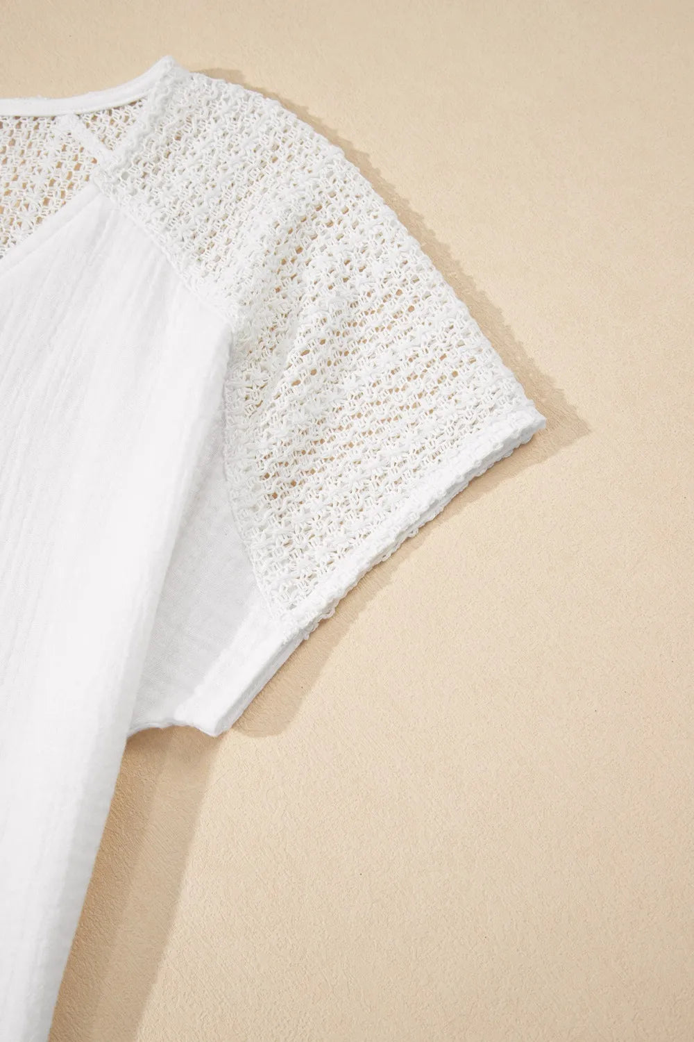 Lace Crochet Textured Button Back V Neck T Shirt-Nordavory