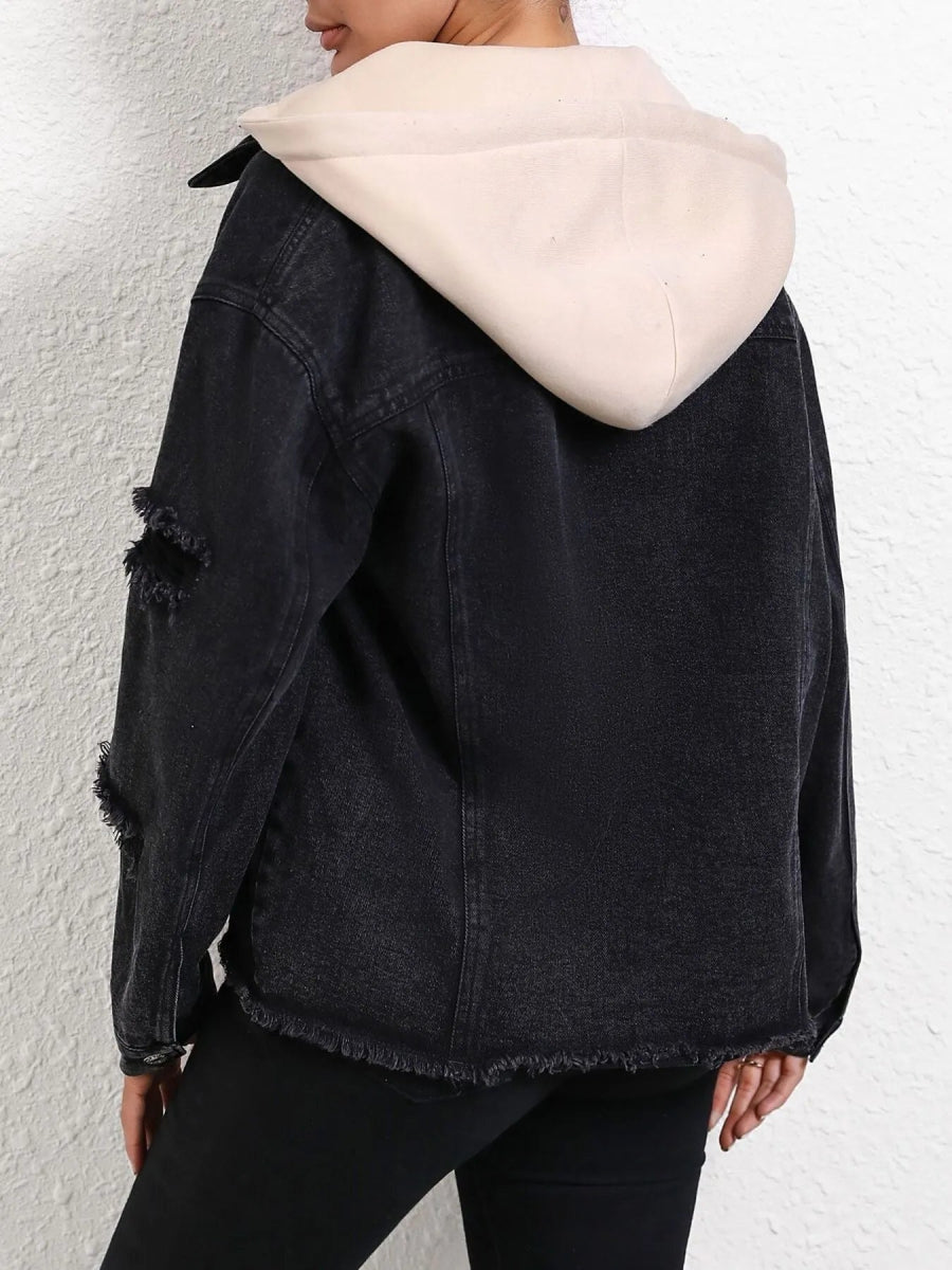 Distressed Drawstring Button Up Hooded Denim Jacket-Nordavory