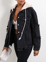 Distressed Drawstring Button Up Hooded Denim Jacket - Nordavory
